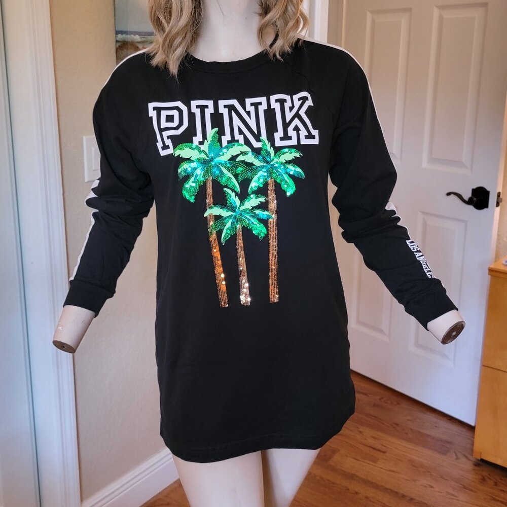 Victoria's Secret PINK Sequin Palm Trees Long Sleeve T-Shirt Tee Size XS New